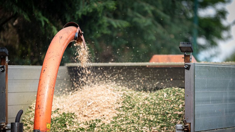 A wood chipper filling the back of a truck with mulch. (Source: © Stephen Davies / stock.adobe.com)