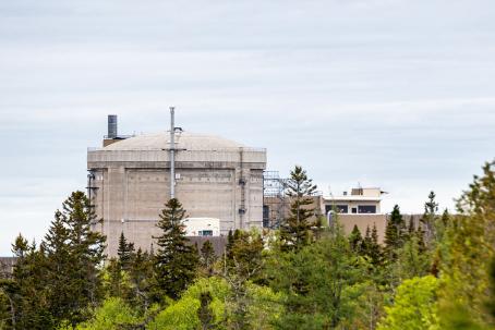 A distant view of the Point Lepreau Nuclear Generating Station through the woods. (Source: © madscinbca / stock.adobe.com)