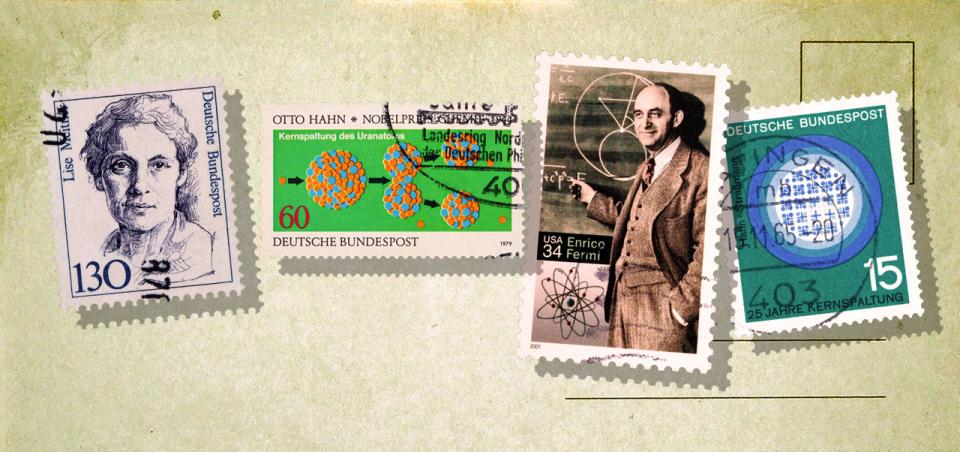 The discovery of the fission principle was very important for the power industry. The names of the discoverers are commemorated on German, Italian and American postage stamps. (Source: © Spatzenballet; laufer; Silvio / stock.adobe.com)
