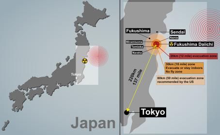 Earthquake epicenter, location of the Fukushima nuclear power plant, the nearest towns and the three evacuation zones are depicted on a map of Japan. (Source: © gurgenb / stock.adobe.com)