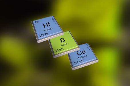 Boron, cadmium, and hafnium are the elements most commonly used as additives in alloys to make absorber and shutoff rods. (Source: © concept w / stock.adobe.com)