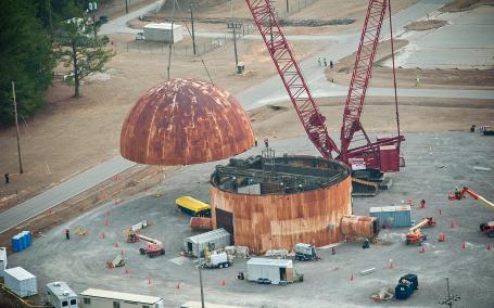 Experimental and test reactors are also subject to decommissioning at the end of their service life. The image shows the dismantling of the reactor containment dome at the Savannah River Site, where the reactor was used for testing heavy water reactor fuel assemblies. (Source: Wikipedia.org)