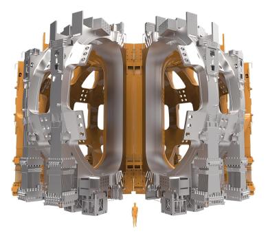 Toroidal field coils of ITER shown with their massive support structures, illustrating the scale and engineering required to generate the strong magnetic fields that confine the plasma. (Credit © ITER Organization, www.iter.org)