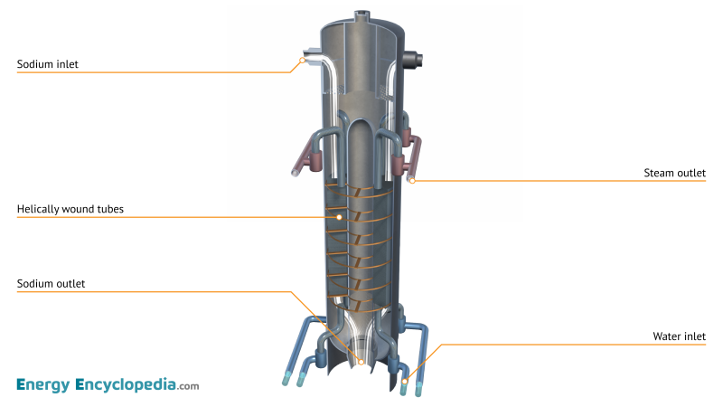 Labelled diagram of a sodium-water steam generator