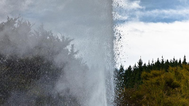 The Lady Knox Geyser near the town of Rotorua (New Zealand) is usually set off every day at 10:15 by throwing in a bar of soap. (Source: © JanMika / stock.adobe.com)