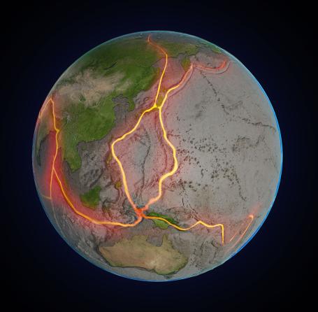 A model of the Earth’s surface showing regions of possible tectonic activity. (Source: © Mopic / stock.adobe.com)