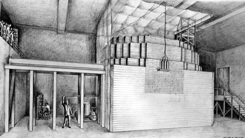 A drawing of the first successful graphite-moderated nuclear reactor, which opened the door to usage of the controlled fission reaction’s energy. An operator inserts a cadmium control rod into the reactor. (Archival Photographic File, [apf2-00503r], Special Collections Research Center, University of Chicago Library.)