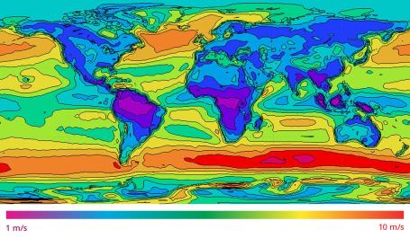 Map of wind patterns. Mean wind speed at 10 m above ground level.