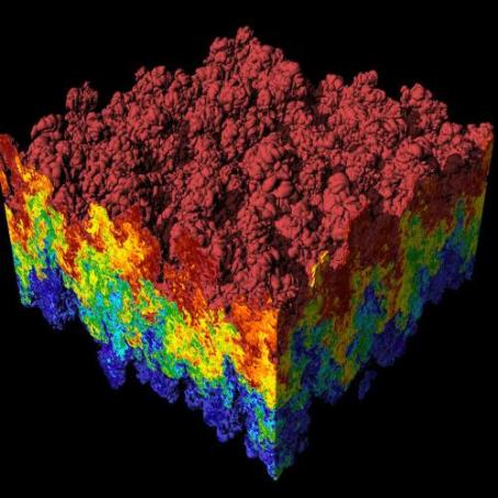 Instabilities mix the hot and cold parts of plasma. (Scientific visualization of an extremely large simulation of a Rayleigh-Taylor instability problem). (Source: Lawrence Livermore National Laboratory, Wikipedia.org)