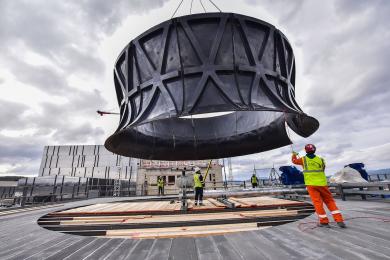 Installation of a large heat-rejection system funnel at the ITER site, part of the infrastructure that will remove and dissipate heat from tokamak operation. (Credit © ITER Organization, www.iter.org)