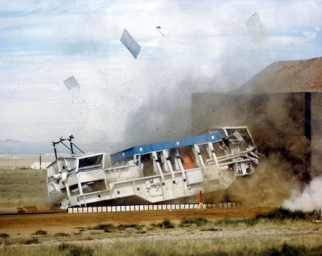 Full-scale crash tests have demonstrated that spent fuel transport casks can withstand extremely severe accident conditions while maintaining their shielding and containment functions. (Source: Wikipedia.org) Full-scale crash tests have demonstrated that spent fuel transport casks can withstand extremely severe accident conditions while maintaining their shielding and containment functions. (Source: Wikipedia.org)