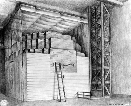 A drawing of the first reactor constructed at the Chicago University where a group of scientists succeeded in initiating and maintaining the first fission reaction. (Archival Photographic File, [apf2-00501r], Special Collections Research Center, University of Chicago Library.)