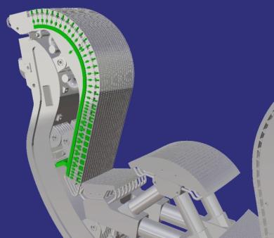 A cutaway of an ITER divertor cassette showing the integrated diagnostic systems — Langmuir probes (in green) positioned between the divertor plates. (Credit © ITER Organization, www.iter.org)