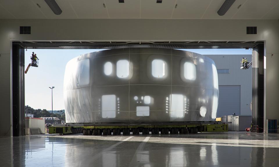 The lower cylinder of the cryostat is entering the Cleaning Facility. (Credit © ITER Organization, http://www.iter.org/)