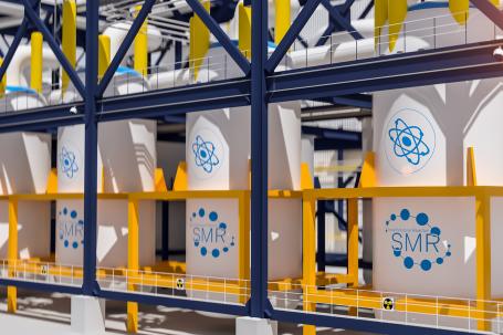 An illustration showing the integration of multiple small modular reactors within a future nuclear power plant. (Source: &copy; AA+W / stock.adobe.com)