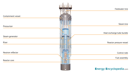 Illustration of a small modular reactor showing all major primary-circuit components integrated within the reactor pressure vessel. The image can be downloaded from the Free Downloads / Images section.