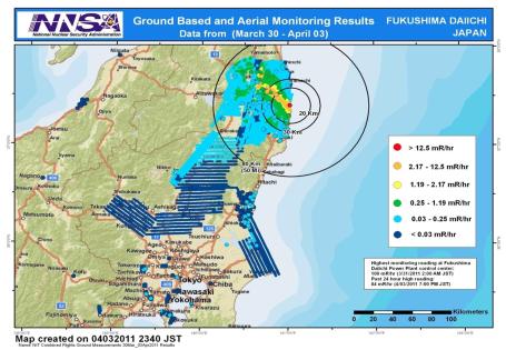 Map of contaminated areas around the plant (22 March – 3 April 2011). Combined results of 211 flight hours of aerial monitoring operations and ground measurements made by DOE, DoD and Japanese monitoring teams. (Source: Wikipedia.org) Map of contaminated areas around the plant (22 March – 3 April 2011). Combined results of 211 flight hours of aerial monitoring operations and ground measurements made by DOE, DoD and Japanese monitoring teams. (Source: Wikipedia.org)