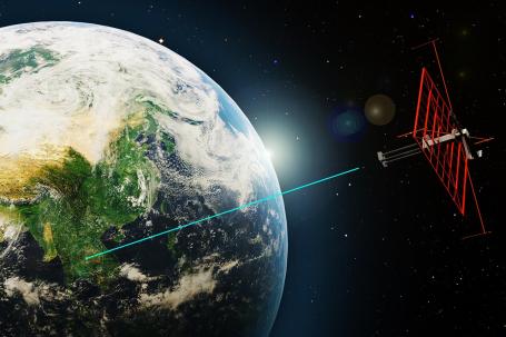 In the future, wireless transmission of electricity from a space-based solar power plant to Earth is expected to be possible via a concentrated microwave beam. (Source: &copy; nana / stock.adobe.com)