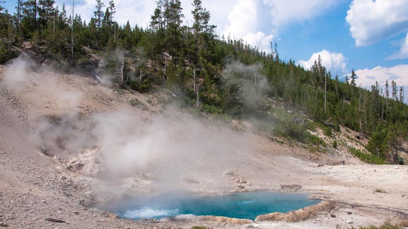 Bubbling water and steam rising in the mouth of a geyser in Yellowstone National Park, USA. (Source: © Pix by Marti / stock.adobe.com)