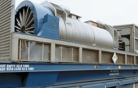 A typical spent nuclear fuel shipping cask mounted on a railroad car. (Source: Wikipedia.org)