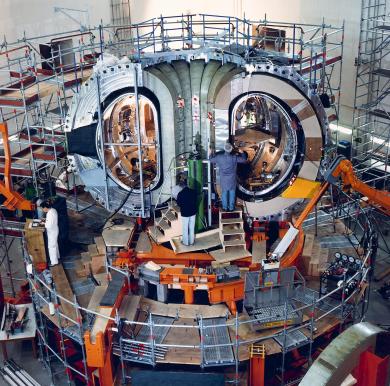 Toroidal coils of ASDEX Upgrade fusion device can be seen during its construction. (Credit: © IPP, S. Ertl, www.ipp.mpg.de)