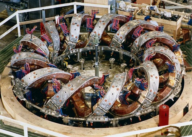 Construction of a pair of helical magnetic coils for the Advanced Toroidal Facility torsatron. (Source: Wikipedia.org)