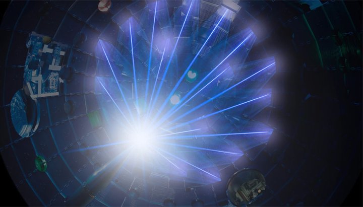 Lasers aiming at target during inertial confinement laser-driven fusion experiment. (Credit: © LLNL / www.llnl.gov)